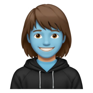 20 yr old man, brown hair, straight, big smile, white teeth, tanned skin, bangs, black hooded sweatshirt, long hair in back, center-parted bangs sticker