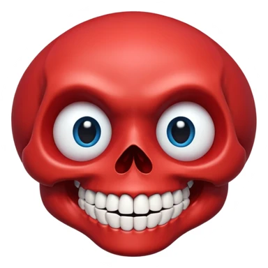 “A bright red cartoon skull with a smooth shiny surface, large round blue eyes with white outlines, a wide exaggerated smile showing big detailed teeth, simple black nose cavity, clean symmetrical face shape, centered on a plain light background, HD, sharp, vibrant, no distortion.” sticker