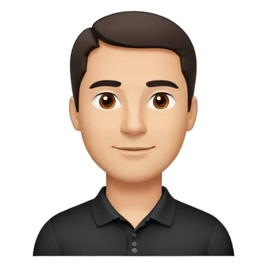 Middle-aged man with strong square face, pronounced jawline, full cheeks, neutral expression, dark brown eyes, thick eyebrows, wide proportional nose, friendly smile with medium lips, short dark hair neatly styled to the side, wearing a black polo shirt sticker