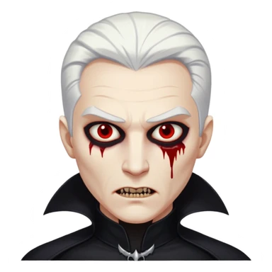 Creat a young man Vampire with white skin and white hair "make him have slide back hair" and full black vampire clothes and bloody eyes and long fangs and scary dead eyes and silver logo on his neck sticker