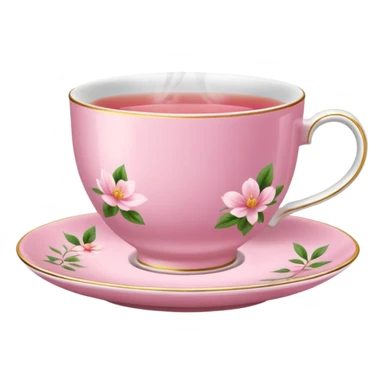 pink teacup filled with tea, placed on a matching pink saucer, with gentle steam rising from the cup.  sticker