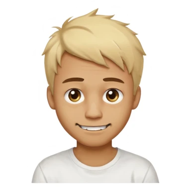 Male with short, messy blonde hair, large expressive golden-brown eyes, brown skin, scar over nose, crooked smile showing slightly damaged teeth, wearing a plain white t-shirt. sticker