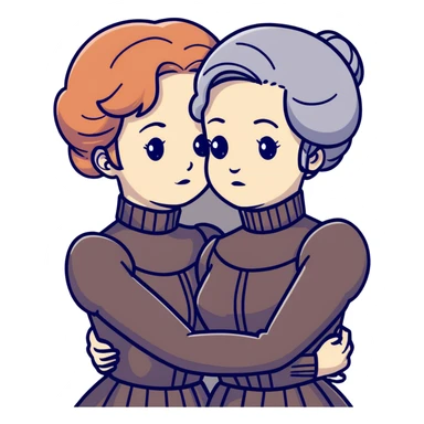 Two Victorian women in a sad intimate hug, one with white coiffed hair and one with copper coiffed hair, both with grey eyes, wearing Victorian turtleneck dresses sticker