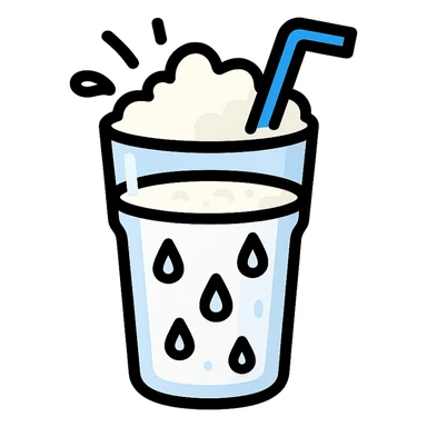 detailed icon of Ayran drink, glass with white frothy liquid, condensation droplets, blue straw, splash effect, realistic highlights and shadows, color outline style sticker