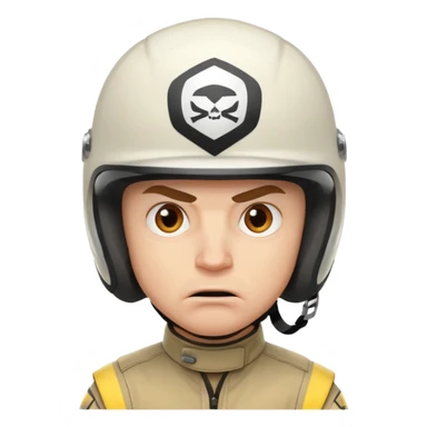 white male racer in helmet, crazy look, taking risks, very serious face, angry sticker