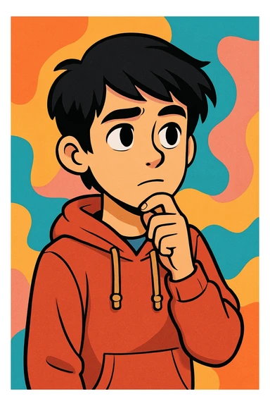 cartoon style portrait of an 18 year old young person with black hair, thoughtful expression, youthful clothing, colorful background sticker