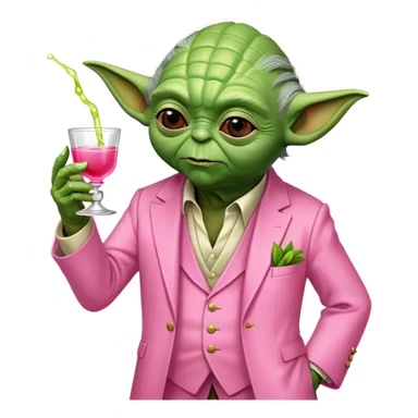 Master Yoda in all pink suit, with one hand holding pink tequila shot with lime sticker