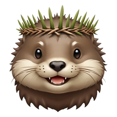 really cute smiling joyful otter face in three-quarter profile view with simple thorny stem wrapped horizontally around its forehead like Jesus Christ's Crown of thorns, no crown shape on top, just thin spiky branches circling the forehead sticker