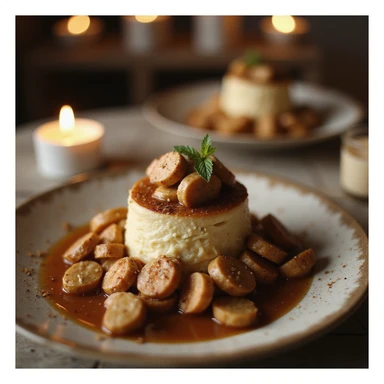 realistic image of a dietary supplement highlighted on a dessert or gourmet dish, festive atmosphere, realistic details, family environment sticker