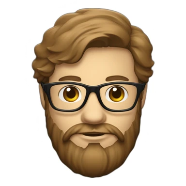 Un visage d’un homme blanc, cheveux couleur châtain avec une barbe couleur châtain bien taillée des lunettes de vue, coiffé en arrière et un casque audio  sticker