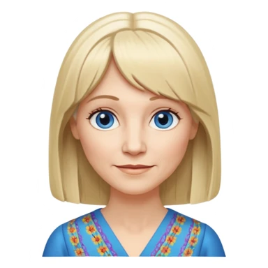 50 yr old white woman, hippie parted very long hair, short bangs, very long straight blond hair, oval face, small smile, blue eyes, thin face, hair downback, hair parted at center of head, round cheeks, pale, longer hair, business dress sticker