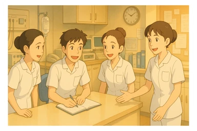Animated scene of four nursing students inspired by photos, interacting in a care station, Ghibli style. White short-sleeve uniforms, medical tunics with V-neck, left chest pocket, no classic collar, no stethoscopes, no fabric under sleeves. Team spirit, bright care decor. sticker