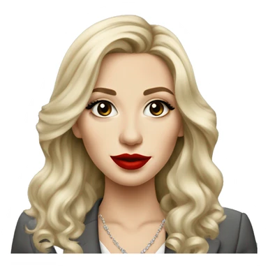 Russian Blonde long hair with big red lips small nose and black eyes Tiffany diamond seller in a grey suit sticker