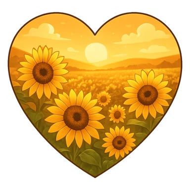 heart with a golden sunflower valley, clean digital illustration, no background sticker