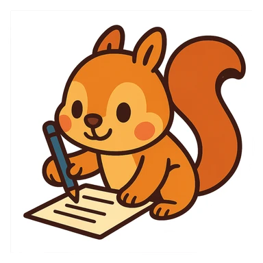 a cute squirrel writing a paper, cartoon style sticker