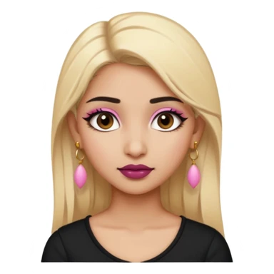 Sweet Indian girl blonde hair darkbrow eyes brown lipstick, pink blush, black top gold earrings, brown eyebrows  sticker
