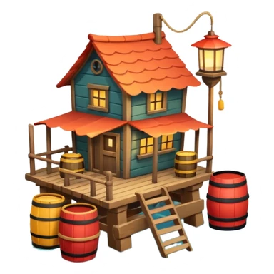 
fisherman house on a wooden pier, small dock, fishing nets hanging, barrels, lantern, ocean vibe, 3D cartoon, cute mobile game icon, clean background, no text
 sticker