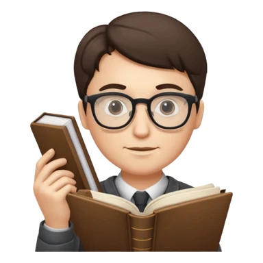 writer holding big pen in hand and book in other hand, wearing glasses sticker