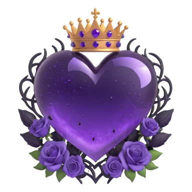 gothic heart made of purple glass with a crescent moon below the heart, black roses forming a crown, twinkling stardust, split lightning, scattered raindrops, splintered cracked glass texture sticker