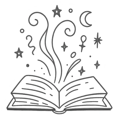 Открытая магическая книга в стиле дудлинг. Из её страниц вылетают завитки магии, звёздочки, луны, искры и таинственные символы. sticker