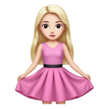 A photo of a white-skinned girl with black eyes and eyebrows and long bare hair, a beautiful pink skirt dress that has a lot of glamour and looks almost like a prince sticker