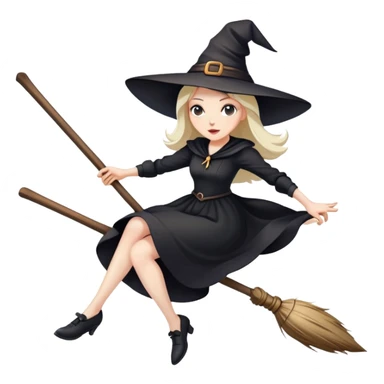 witch with pointy hat and black dress flying on a wooden broom sticker