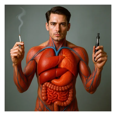 Hyperrealistic 4K vertical 9:16 medical illustration, realistic human anatomical body, inflamed liver and intestines highlighted, man holding a lit cigarette in the right hand and an electronic cigarette in the left, style identical to the reference image. sticker
