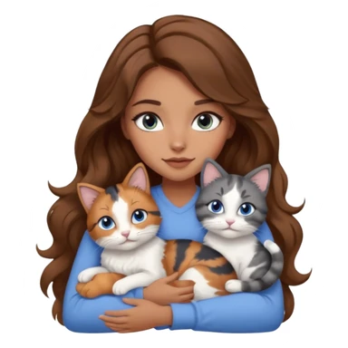 girl with long wavy brown hair, blue eyes, long lashes makeup, cuddling with 6 cute cats sticker