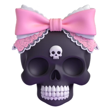 3D emoji style pink bow with gothic effect, pastel pink to black gradient, silver skull charm, and lace trim sticker