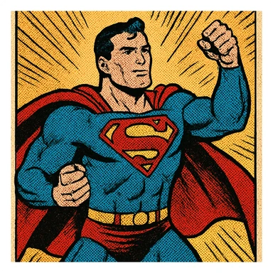 Superman, classic superhero pose, vibrant comic book style sticker