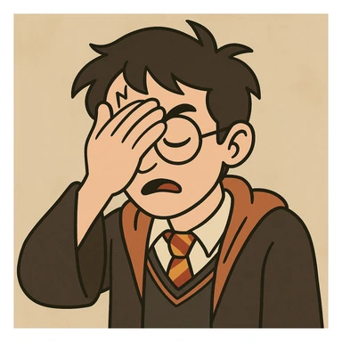Harry Potter facepalm, cartoon style, glasses, lightning scar, robe sticker