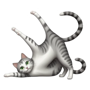 grey and white cat with green eyes doing a big extremely long stretch reaching up into the air with arms and legs side by side together straight and overextended whilst lying on its side sticker