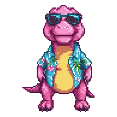 pink t-rex on vacation, pixel art style, retro 8-bit game character sticker