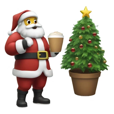 Santa grabbing the coffee, standing beside the christmas tree sticker