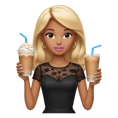 brown skin blonde barbie wearing black lace shirt with iced latte with long French tip nails sticker