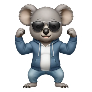 anthropomorphised koala, full body, wearing a hoodie and jeans, dark sunglasses, flexing muscles sticker
