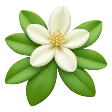 iOS-style 3D emoji: a delicate jasmine flower with five white petals, soft yellow center, and glossy green leaves sticker