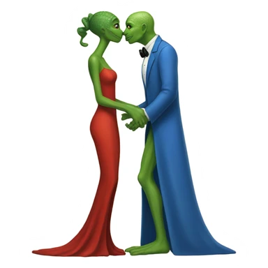 Beatiful tall green skin female reptilian in red dress, kissing white man in blue dress, full figure, full body sticker