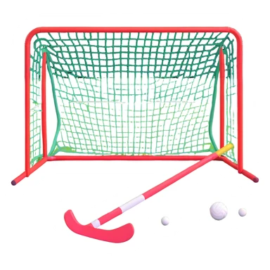 field hockey equipment on lush green pitch with goal in background sticker