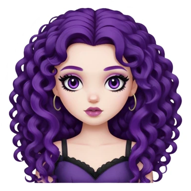 curly long dark purple hair, pale skin, pretty bratz baddie, black eyeliner, blush sticker