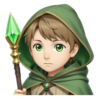 Rudeus Greyrat from Mushoku Tensei, green eyes, short light brown hair, wearing adventurer's outfit with a green cloak, holding a staff, confident and curious expression sticker