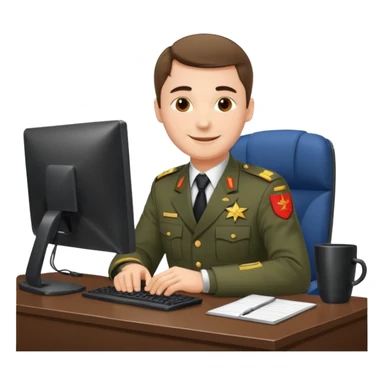 Мужчина в российской прокурорской форме, сидит за компьютером с улыбкой sticker