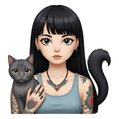 girl with long black  straight bangs hair and tattoos and a grey-shared cat sticker