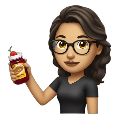 25 year old brunette with black glasses making a pistolet with peanutbutter and jelly sticker