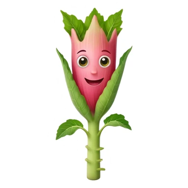 rhubarb stalk with big eyes and a smiling face sticker