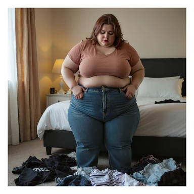 realistic plus-size woman in bedroom, trying to pull jeans over very swollen thighs, seams bursting like popped balloons, clothes scattered on the floor, vertical photo sticker