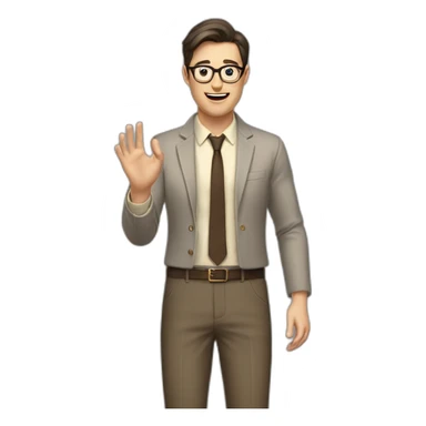 To belt Actively gesturing with hands Pale skinned fit man with dark brown hair in gray jacket, beige office shirt, brown tie, brown pants and vintage glasses. sticker