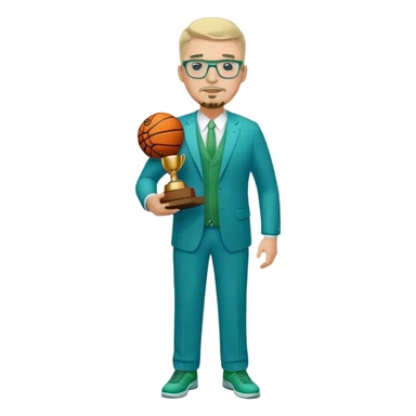 Full Body white male plus size body type  wearing glasses with a goatee with light blonde gray very short hair basketball head Coach in blue and green suit holding trophy sticker