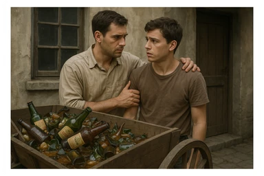 Bir g'ildiragi singan ichimliklar ortilgan arava uning yonida aka uka bir biriga havotirli nigoh bilan qarab turibdi realistik uslubda sticker