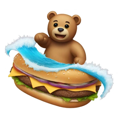 Teddy bear with a burger surfing on a tidal wave  sticker
